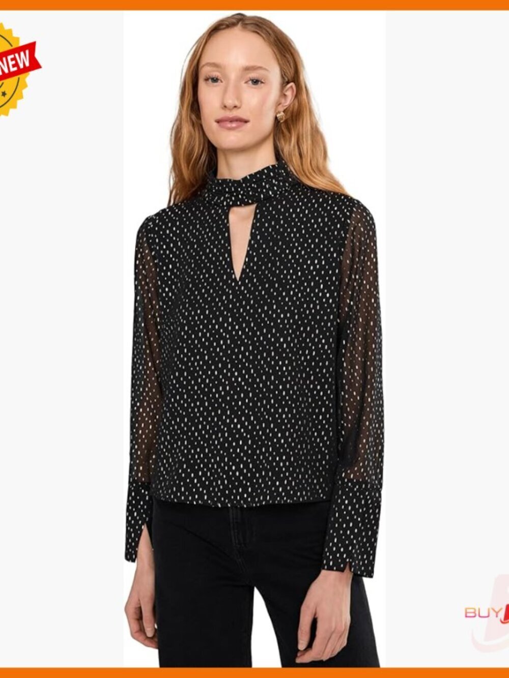 Mock Neck Keyhole Bell Sleeve Blouse Classic Fit Polyester